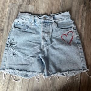 PacSun Light Blue Jean Shorts with Red Heart and Black Flower Design